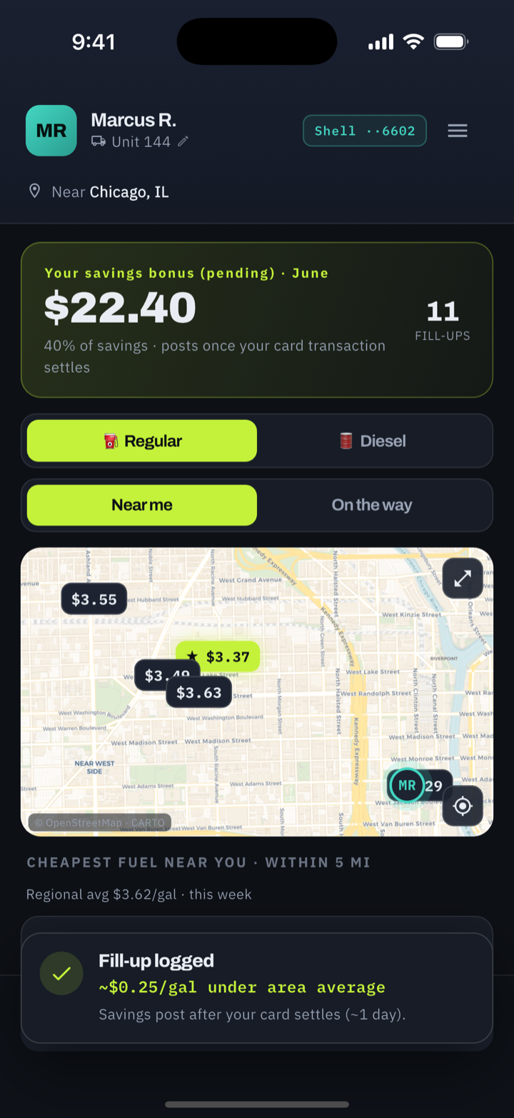 TopOff app, one-tap fill-up logged confirmation