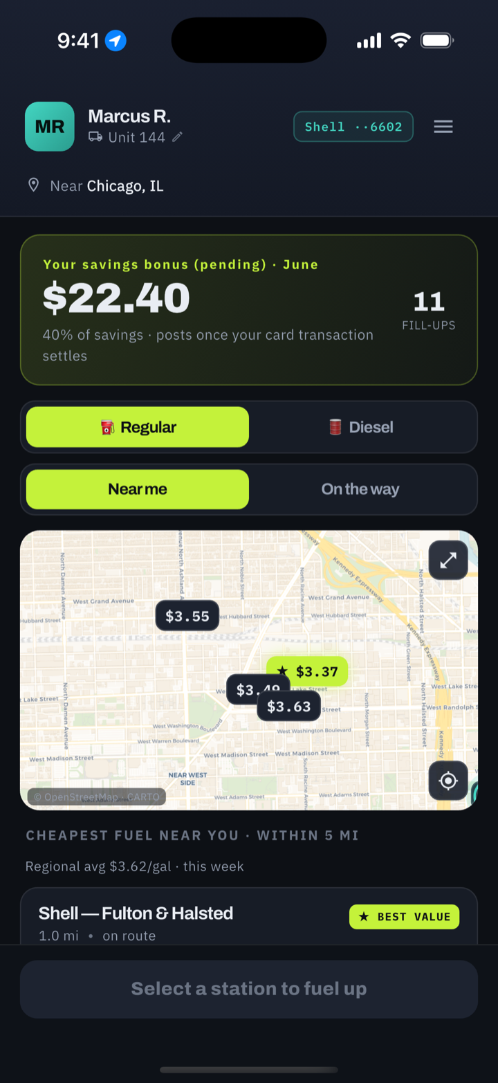 TopOff app, cheapest fuel near you with best-value station highlighted